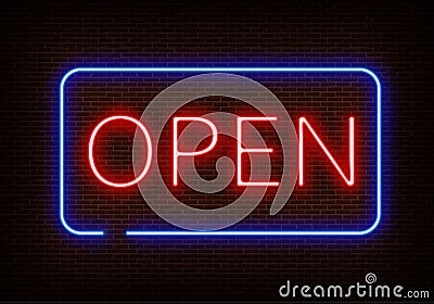 Neon Open sign light vector isolated on dark red brick wall. Night frame light decoration. Realistic Vector Illustration