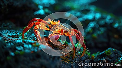 A neon orange crab stling along a neon green rock both seemingly aglow with energy Stock Photo