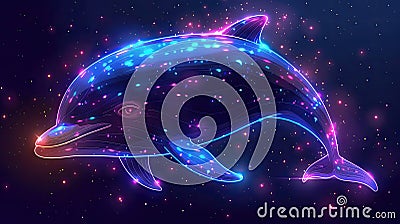 A neon-outlined dolphin in a cosmic setting with a starry background. Stock Photo