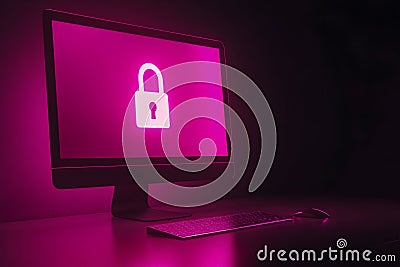 Neon Padlock Symbol On A Computer Screen, Emphasizing Cybersecurity, Encryption, And Data Safety. Generative AI Stock Photo