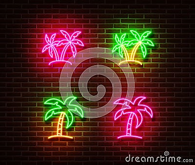 Neon palm sign vector isolated on brick wall. Vector Illustration