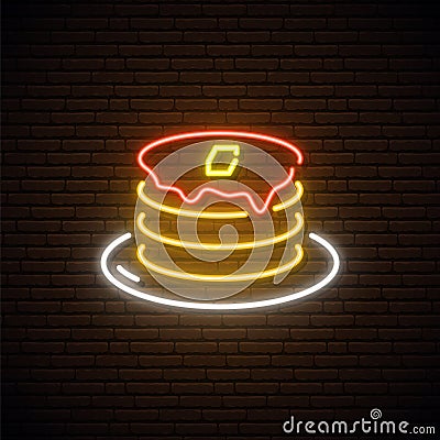 Neon Pancake sign. American pancakes with maple syrup. Vector Illustration