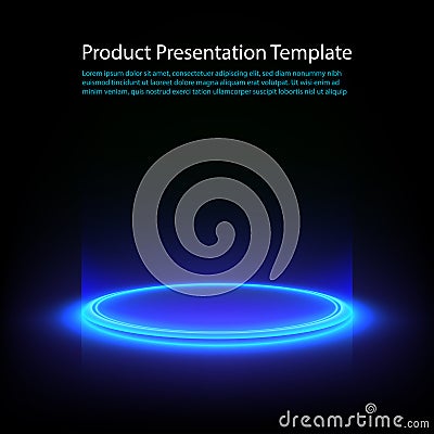 Neon pedestal. Blue glowing ring on glossy floor. Abstract hi-tech background for display product. template. Stock Photo