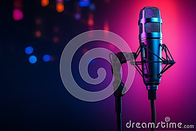 Neon performance microphone illuminated with vibrant and dynamic neon light Stock Photo