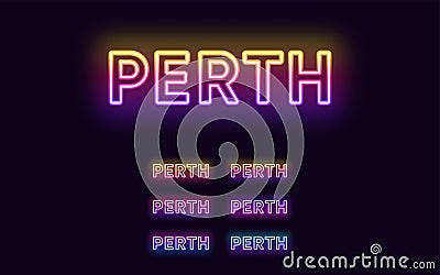 Neon Perth name, city in Australia. Neon text of Perth city Vector Illustration