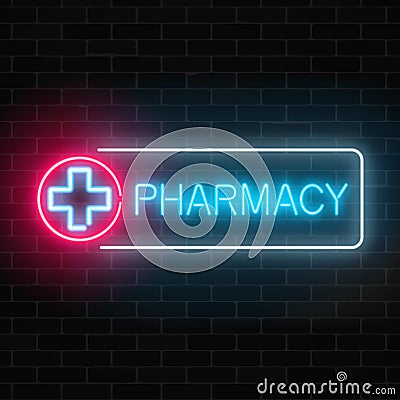 Neon pharmacy glowing signboard on brick wall background. Illuminated drugstore sign open 24 hours. Vector Illustration