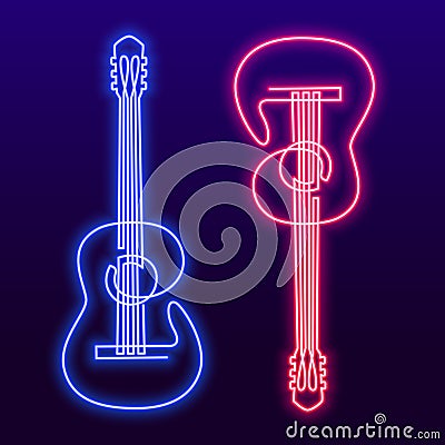 Neon pink blue light lamp continuous line drawing of acoustic guitar vector. Musical instrument single line for Vector Illustration