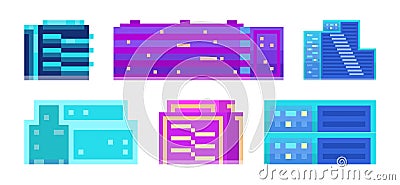 Neon pixel buildings set. Pixelated city landscape neon futuristic skyscrapers for video game Vector Illustration