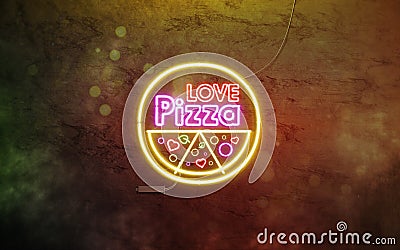 Neon pizza love sign dark stone wall, glow font mockup Stock Photo