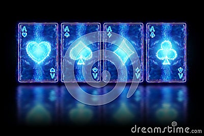 Neon playing cards for poker, four aces on a dark background. Design template. Casino concept, gambling, header for the site. Copy Cartoon Illustration