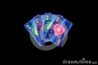 Neon playing cards for poker, four aces on a dark background. Design template. Casino concept, gambling, header for the site. Copy Cartoon Illustration