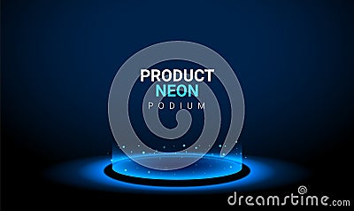 Neon podium background blue light 3d platform. Product neon podium technology scene glow effect. Vector Illustration