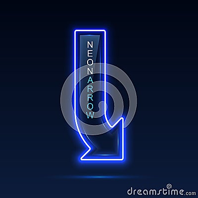 Neon pointer arrow with vertical text. Direction indicator. Vector Illustration