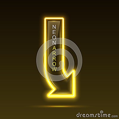 Neon pointer arrow with vertical text. Direction indicator. Vector Illustration