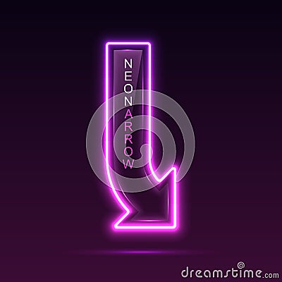 Neon pointer arrow with vertical text. Direction indicator. Vector Illustration