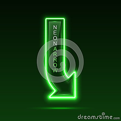 Neon pointer arrow with vertical text. Direction indicator. Vector Illustration