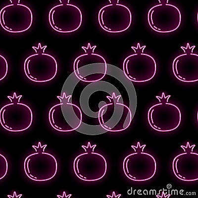 Neon pomegranate seamless pattern with pink garnet fruits icons on black background. Summer, tropical, fresh juice Vector Illustration