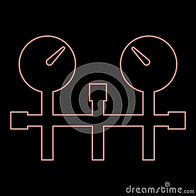 Neon pressure gauge and pipes manometer meter vacuum heating gas water oil pump measure device system red color vector Vector Illustration