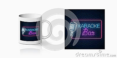 Neon print of karaoke music bar on cup mockup. Branding identity design sign of a nightclub with live music on mug Vector Illustration