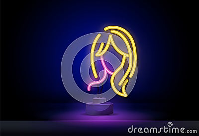 neon profile picture faceless avatar. Womens hairstyle neon sign, modern glowing banner design, colorful modern design Vector Illustration
