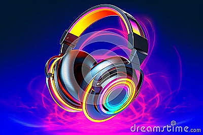 Neon psychedelic 1980's wired headphones. Stock Photo