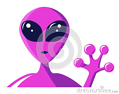 Neon purple alien showing peace sign closeup. illustration. Martian face with large eyes. Extraterrestrial invasion Cartoon Illustration