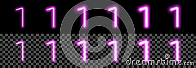 Neon Purple Glowing Number 1 on black background. Digit One with transparency with different thickness and glow saturation Vector Illustration