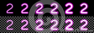Neon Purple Glowing Number 2 on black background. Digit Two with transparency with different thickness and glow saturation Vector Illustration