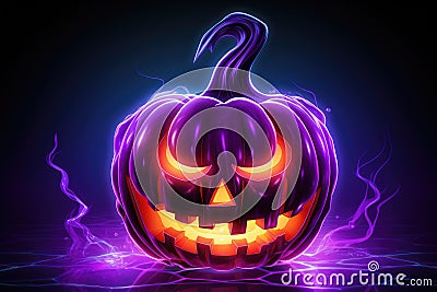 Neon purple jack o lantern. Pumpkin for Halloween. Generative AI Stock Photo