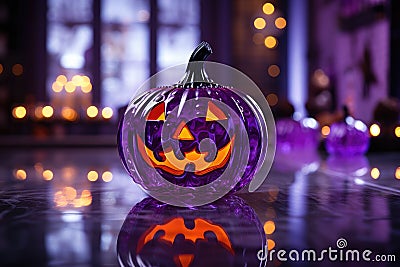 Neon purple jack o lantern. Pumpkin for Halloween. Generative AI Stock Photo