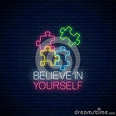 Neon puzzle pieces. Solve puzzle game. Glowing neon icon of logical concept. Thinking game symbol Vector Illustration