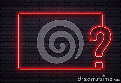 Neon question mark frame. Quiz lighting, interrogation point red neon lamp on bricks wall texture background 3d vector Vector Illustration