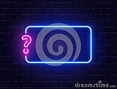 Neon quiz banner. Glowing question mark. Color neon banner on brick wall. Realistic bright night signboard. Shining neon Vector Illustration