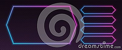 Neon quiz template, UI design for questionnaire with multiple answers. Glowing borders set for tv show contest. Vector Illustration