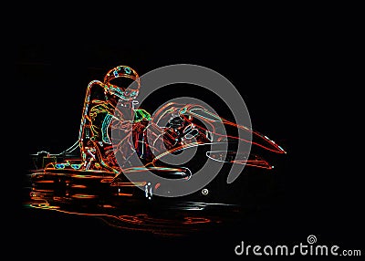 Neon racer sitting on a go-kart. Place for an inscription Stock Photo