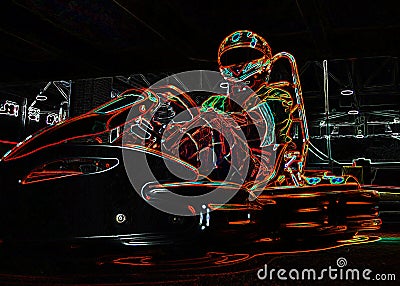 Neon racer sitting on a go-kart. Place for an inscription Stock Photo