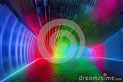 neon rainbow 3d glowing pattern tunnel cave outerspace space lines glow Stock Photo