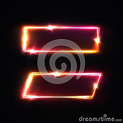 Neon rectangle signs set. Glowing electric laser borders with light flash on dark red background with blank text space. Vector Illustration