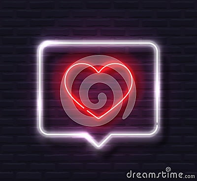 Neon Red Glowing Heart in White Speech Bubble Banner Vector Illustration