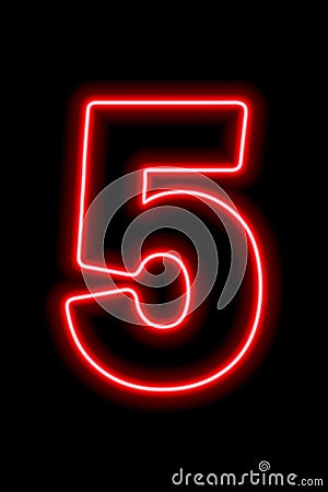 Neon red number 5 on black background. Learning numbers, serial number, price, place Vector Illustration