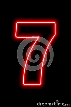 Neon red number 7 on black background. Serial number, price, place Stock Photo