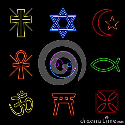 Neon Religious Symbols Vector Illustration