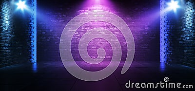 Neon Retro Brick Walls Club Mist Dark Foggy Empty Hallway Corridor Room Garage Studio Dance Glowing Blue Purple Spot Lights Stock Photo