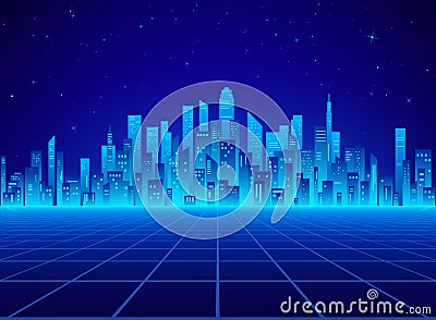 Neon retro city landscape in blue colors. Cyberpunk futuristic town. Sci-fi background abstract digital architecture. Vector Vector Illustration