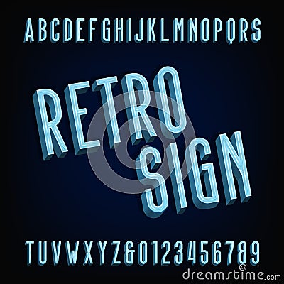 Neon retro sign alphabet font. Volumetric type letters and numbers. Vector Illustration