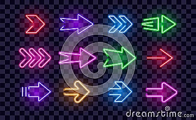 Neon Right Arrows colorful vector icons set. Realistic glowing pointers on transparent background. Location indicator Vector Illustration