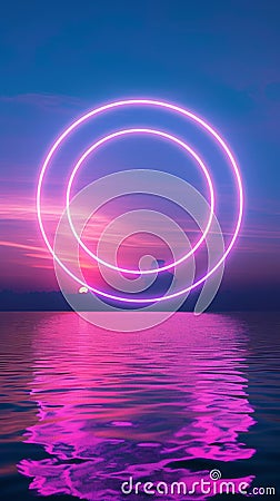 Neon rings over calm ocean at sunset, futuristic artistic landscape Stock Photo