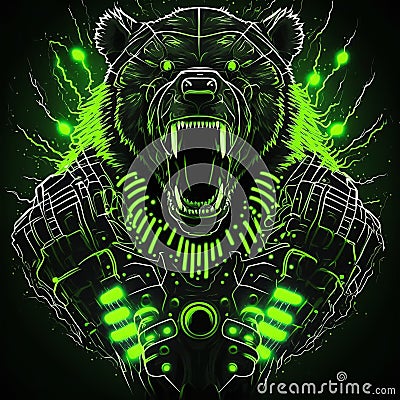 Neon Roaring Bear Cyborg Machine Robotic wild animal Illustration, Generative AI Stock Photo