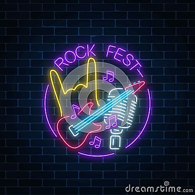 Neon rock festival sign with guitar, microphone and rock gesture in round frame. Live music in open air icon. Vector Illustration