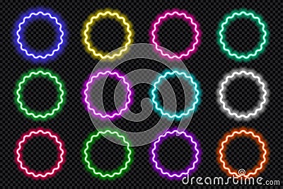 Neon round scallop border frames set. Glowing coloful flower button. Geometric shape action UI elements with copy space Vector Illustration